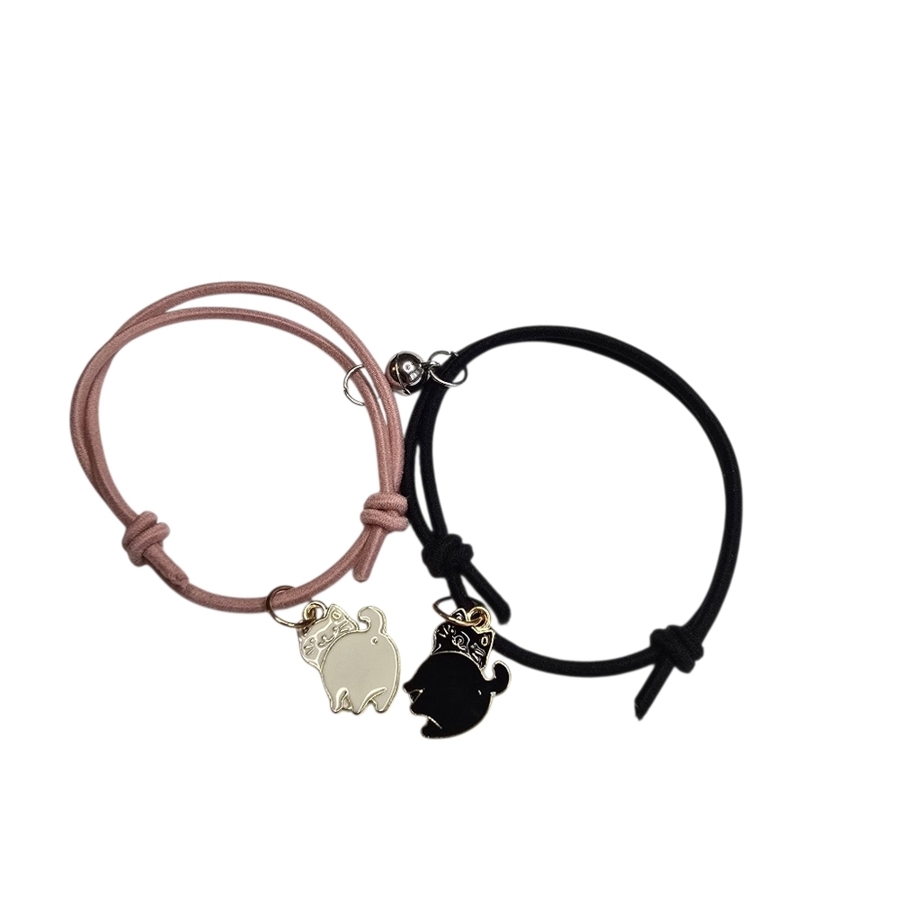NWT 2 Cats Black White Pink Magnetic Stretchy Rope Bracelet Set